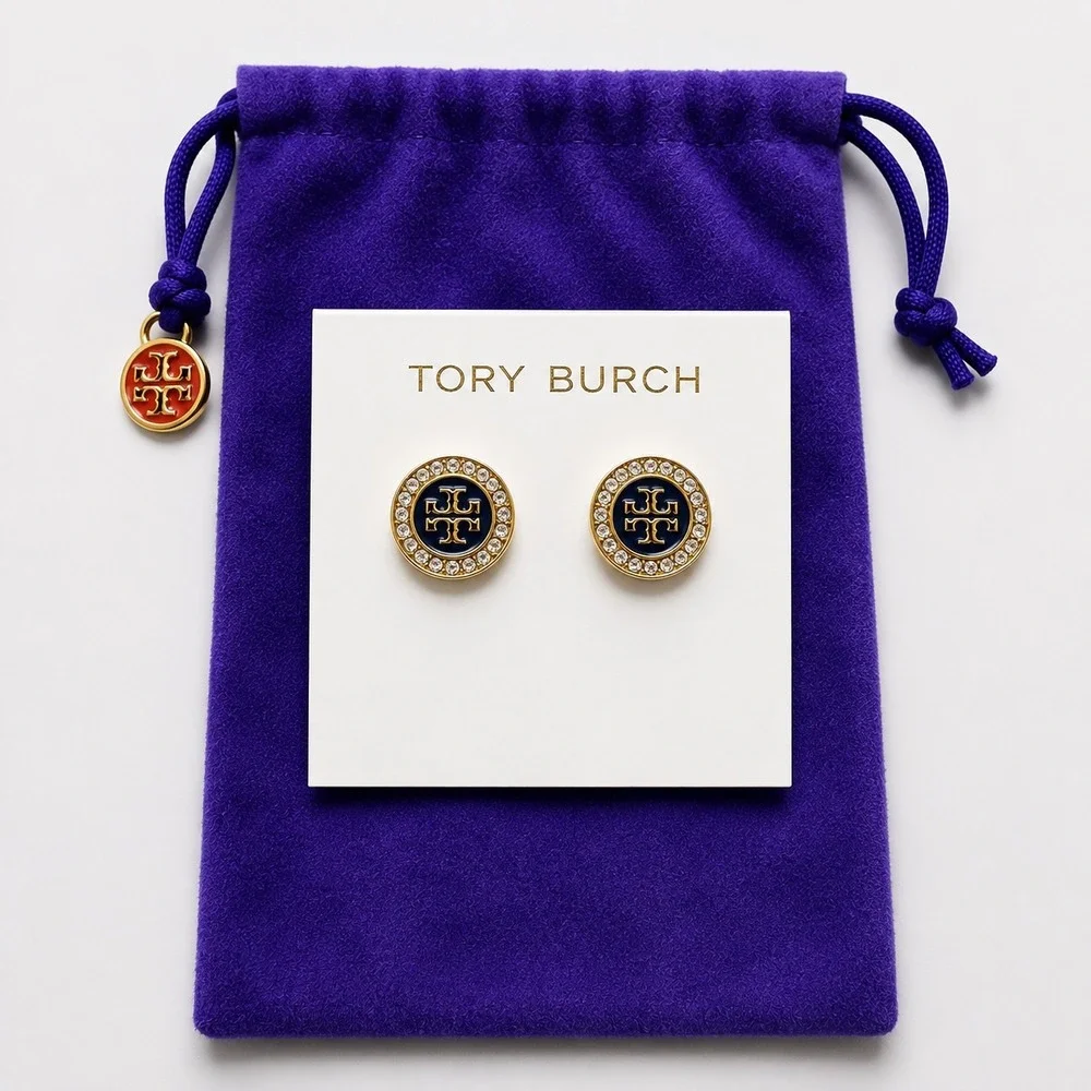 NWT Tory Burch Navy & Gold Crystal Logo Stud Earrings / Dustbag Included / $110